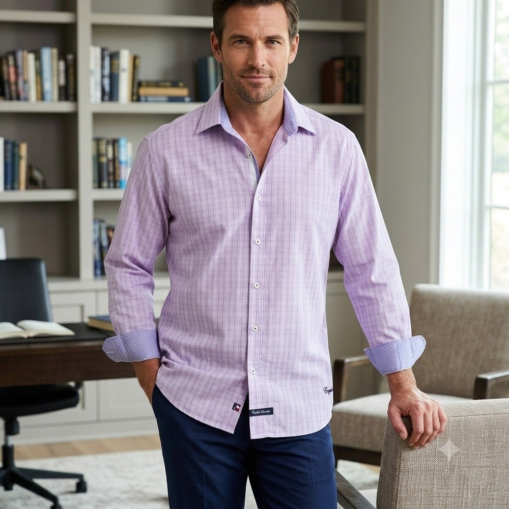 English Laundry Mens Lavender Plaid Dress Shirt 17 32/33 Cotton Button Down
